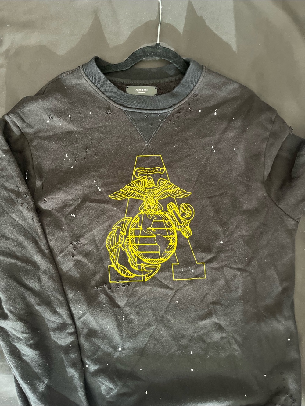 AMIRI Black Crewneck Sweatshirt with Yellow Emblem Graphic